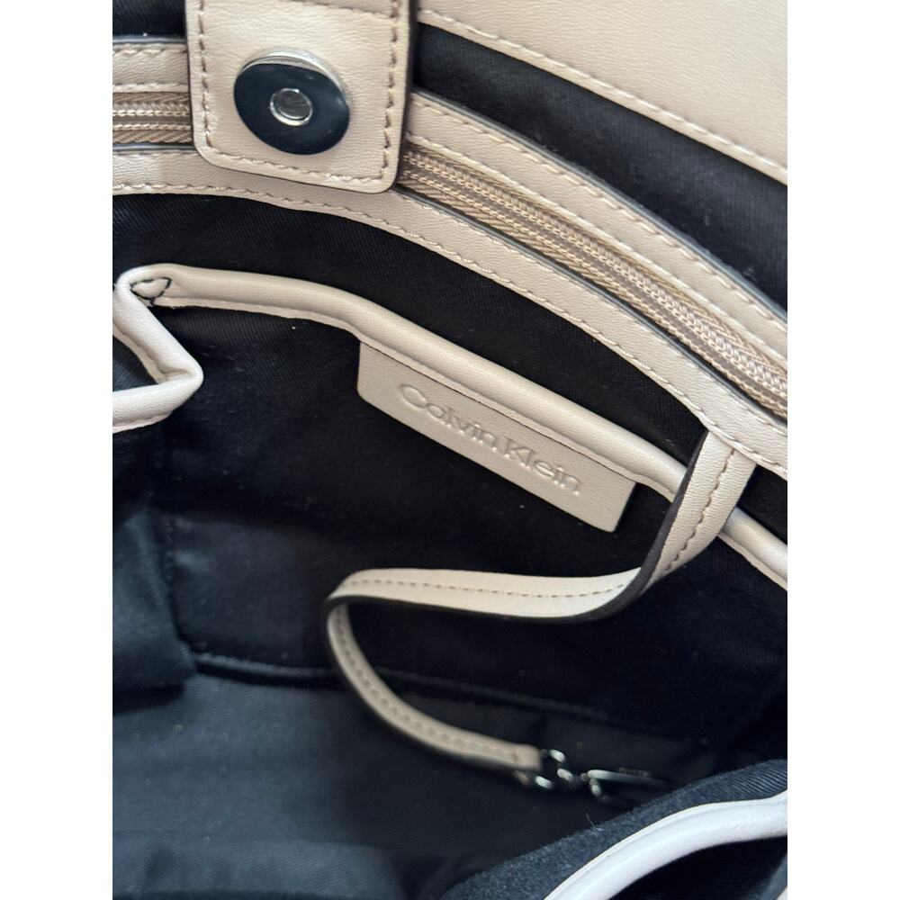 Calvin Klein Taupe Beige Leather CK Logo Shoulder Hobo Bag Purse - Picture 10 of 14